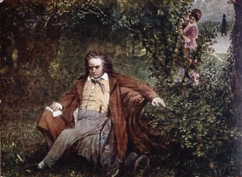 Carte postale représentant Ludwig van Beethoven dans la forêt, vers 1910